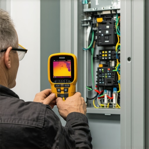 An infrared thermal camera view showing heat signatures of circuit breakers in a home electrical panel.
