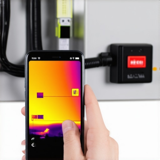 A technician using a thermal camera to check for hotspots in an EV charger disconnect panel for maintenance.
