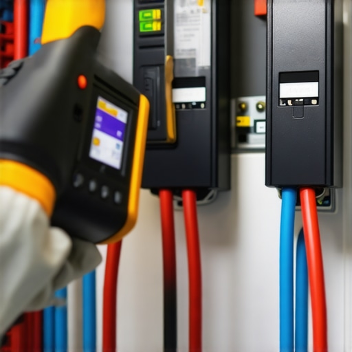 Electrician checking commercial panel heat signatures with a thermal camera for EV charger maintenance.