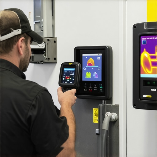 Electrician using a thermal camera to check for hot spots in a multi-unit EV charging panel