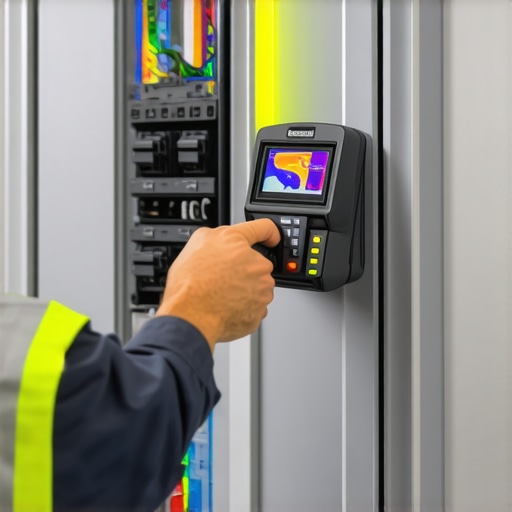 Electrician using a thermal camera to detect overheating in a commercial EV charger electrical panel