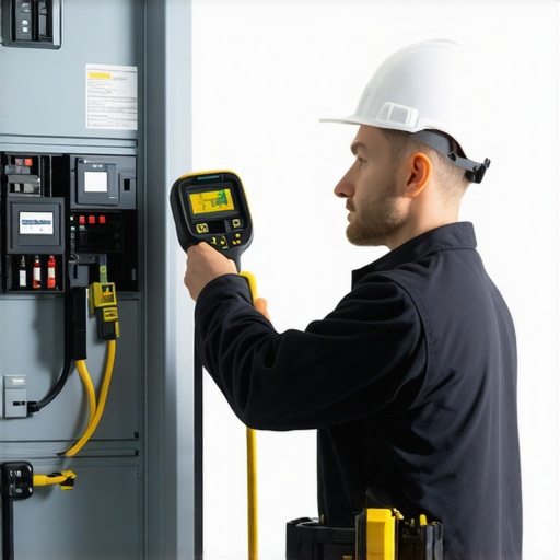 Electrician using thermal camera to check for hot spots in an EV charger electrical panel