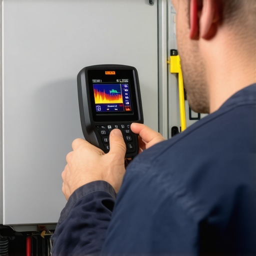 Electrician using thermal imaging to detect heat in an electrical panel during EV charging