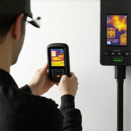Electrician using a thermal camera to check an EV charger for hot spots in a condo garage.