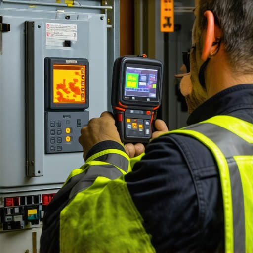 A person using a thermal imaging camera to check the temperature of an EV charger breaker in a home electrical panel.