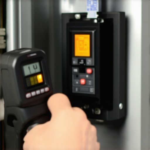 Handheld thermal camera showing heat signature of an EV charging circuit in an electrical panel
