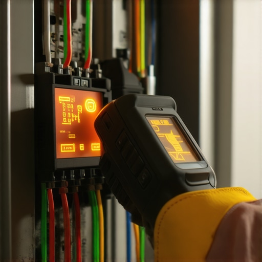 A homeowner using an infrared thermometer to check the temperature of an EV charger breaker in a garage panel.