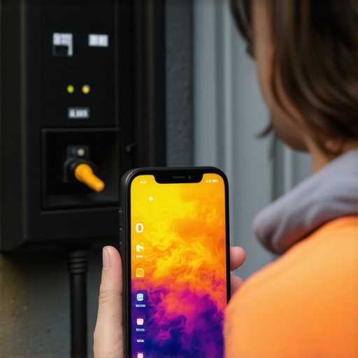 Electrician or homeowner using a thermal camera to check for heat build-up in an electrical panel and EV charger connections.
