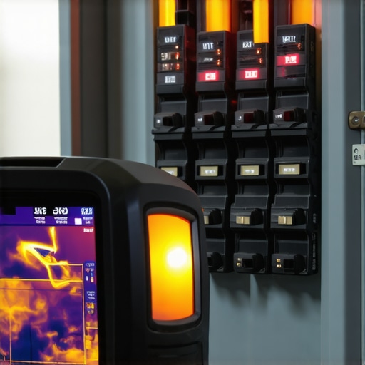 An electrician using a thermal camera to check for heat spots in an electrical panel during an EV charger installation.