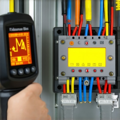 Thermal Maintenance Check for EV Charging Systems A thermal imaging camera scanning an electrical panel for heat buildup on an EV charger circuit.