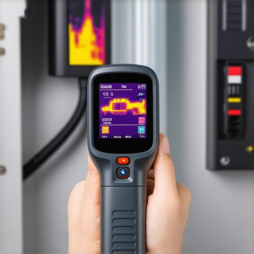 A technician using a thermal camera to check an electrical panel for overheating breakers.
