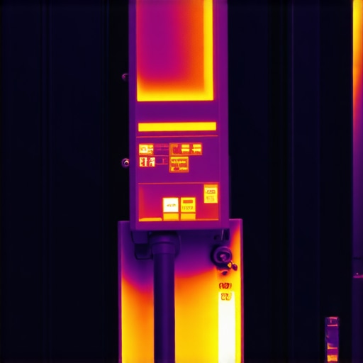 A thermal camera displaying hot spots on electrical breakers while charging an electric vehicle.