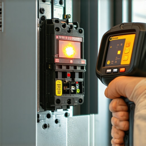 A thermal imaging camera showing heat signatures of a circuit breaker in an electrical panel during a car charging session.