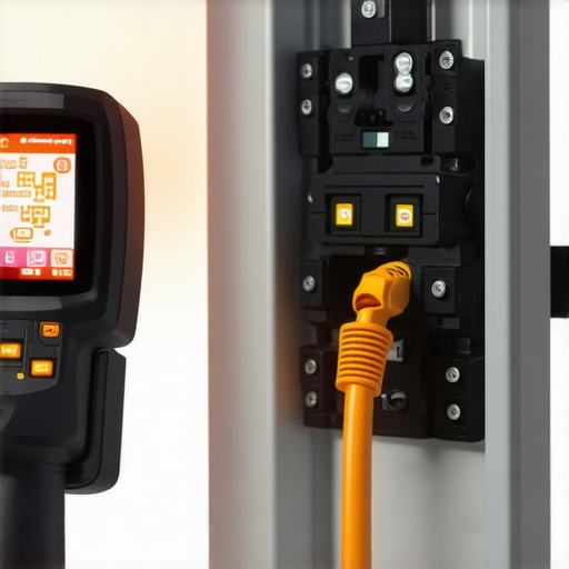 A person using a thermal camera to check for hot spots in a home electrical panel during an EV charging session.