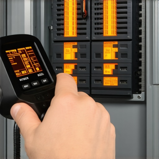 A thermal imaging camera showing heat distribution on circuit breakers during EV charging.