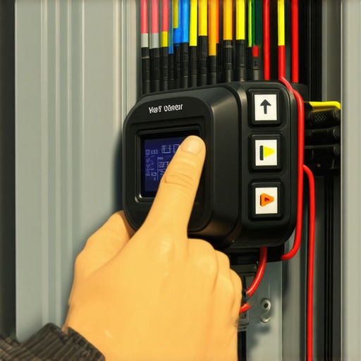 Close-up of an infrared camera scanning a circuit breaker for heat.