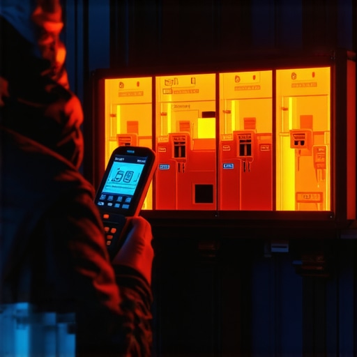 Handheld thermal camera scanning an electrical panel for hot breakers during EV charging.