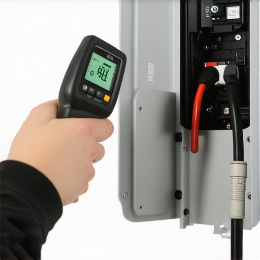 A homeowner checking for overheating circuit breakers using an infrared thermometer tool.