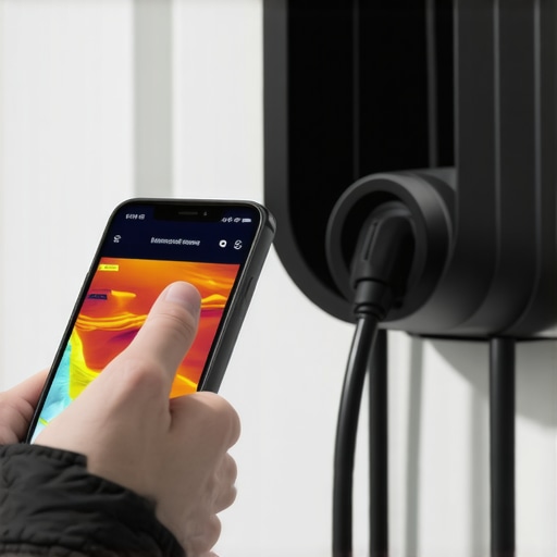 Hand holding a smartphone with a thermal camera checking an EV charger for hot spots
