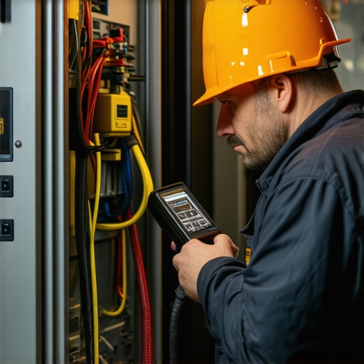Electrician using thermal imaging to detect hot spots and potential electrical failures in a commercial EV charging station.