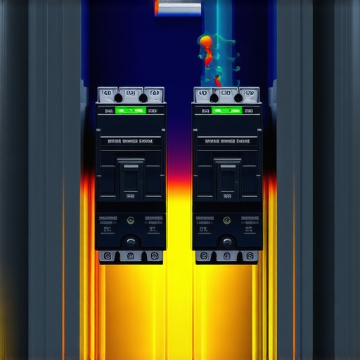 An infrared thermal camera view of an electrical panel showing a localized hot spot on an EV charger circuit breaker.