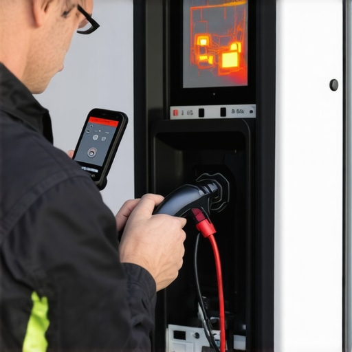 Electrician using a thermal imaging camera to check EV charger connections for hot spots