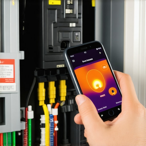 A technician using a thermal camera to check for hot spots in an electrical panel during EV charging.