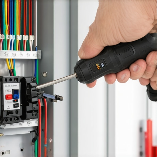Professional electrician using a torque wrench on an EV charger circuit breaker to ensure a secure connection.
