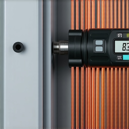 Electrician using a digital torque wrench to secure copper wiring for an EV charger installation inside a panel.