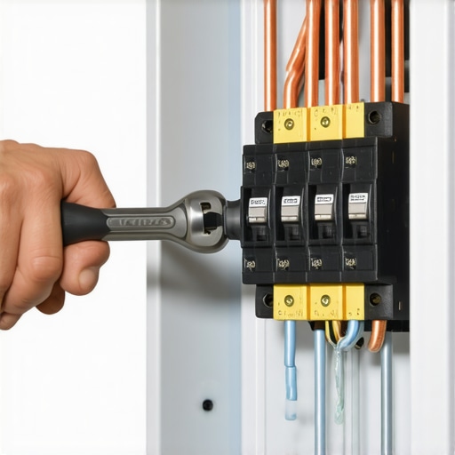Tightening a 60-Amp Breaker with a Torque Wrench Electrician using a torque wrench on a 60-amp circuit breaker for an EV charger installation.