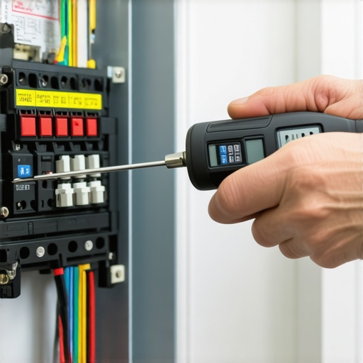 Electrician using a torque tool on a breaker panel to stop humming noises