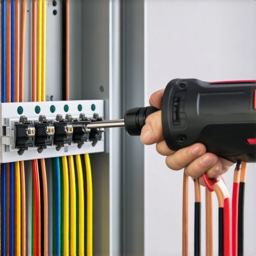 Torque wrench settings for EV charger installation Electrician tightening lugs in a service panel with a torque wrench for EV safety.