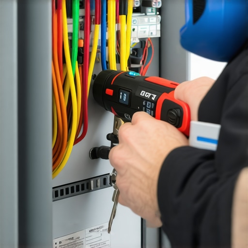 Torquing EV Charger Circuit Breaker Electrician tightening breaker terminals with a torque screwdriver for safe EV charging