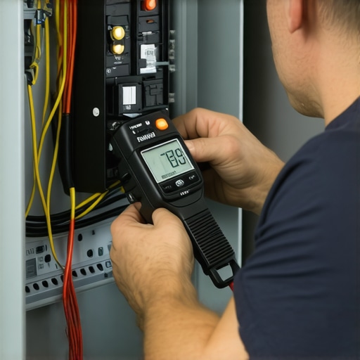Electrician using a torque wrench on an EV charger circuit breaker in a home panel
