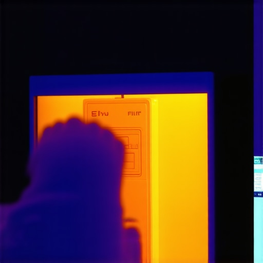 Hand holding a thermal camera showing a hot spot on an electrical breaker inside a residential panel.