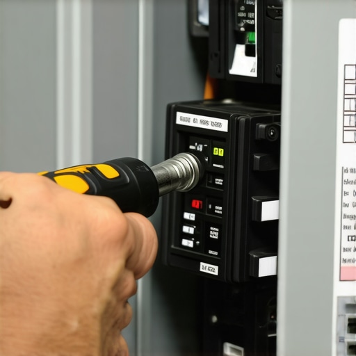 Close-up of a digital torque screwdriver tightening an EV charger breaker to code-compliant specifications.