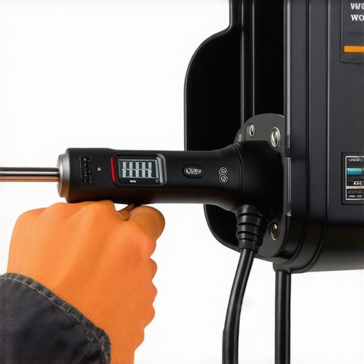 Electrician tightening EV charger terminals with a calibrated torque wrench for safety compliance.