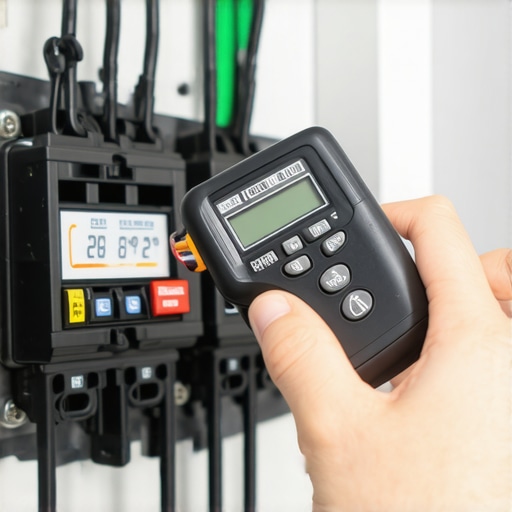 Handheld infrared thermometer checking an EV charger breaker for hot spots.
