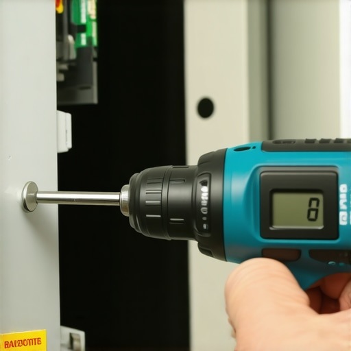 Using a Torque Screwdriver for EV Charger Installation Professional electrician using a torque tool to secure wires in an electrical panel for an EV charger installation.