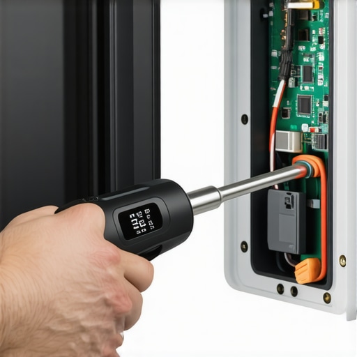 Electrician tightening terminals in a home EV charger using a calibrated torque tool for safety.