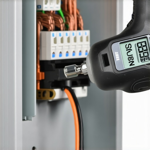 Close-up of an electrician using a torque tool on electrical panel lugs.
