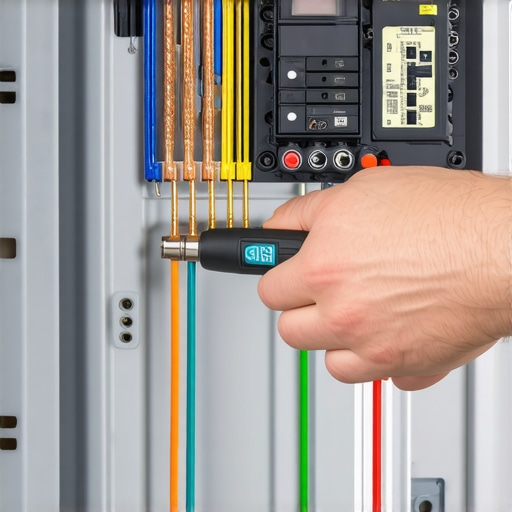 Close-up of an electrician using a torque screwdriver on a circuit breaker to ensure NEC code compliance for an EV charger.