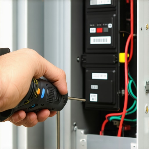 Hand using a torque screwdriver on a breaker terminal to ensure proper electrical connections for EV charging.
