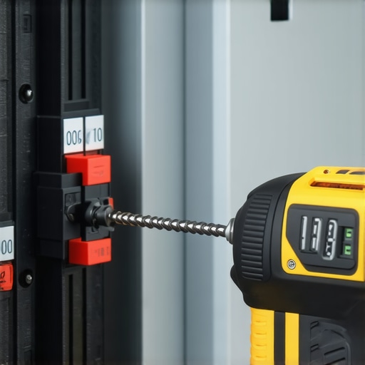 Electrician using a torque screwdriver to meet NEC requirements for EV charger installation