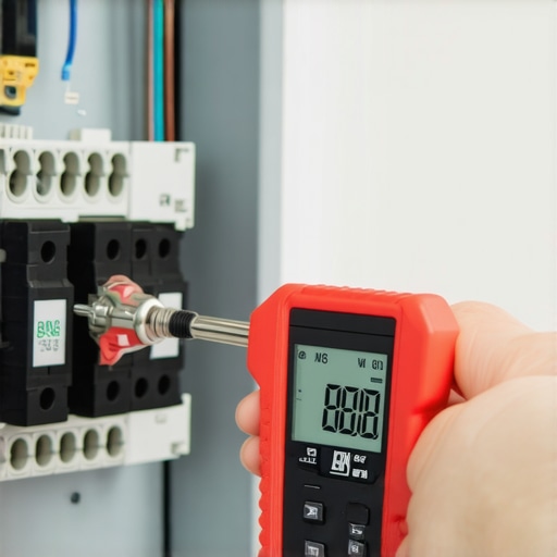 Close-up of digital torque screwdriver being used on an electrical panel terminal
