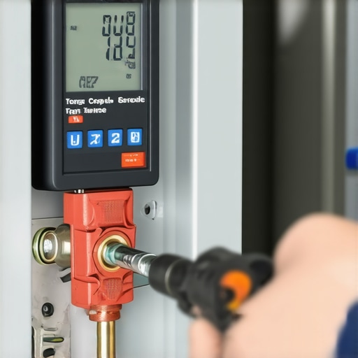 Close up of a digital torque wrench tightening an electrical lug inside a service panel for an EV charger.