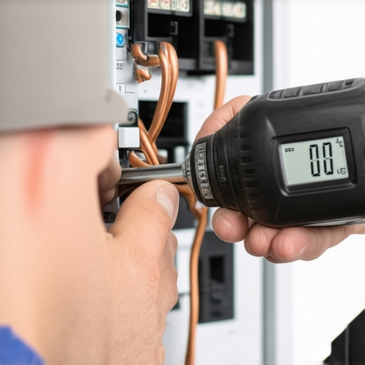 Electrician tightening electrical panel connections with a torque wrench for code compliance.