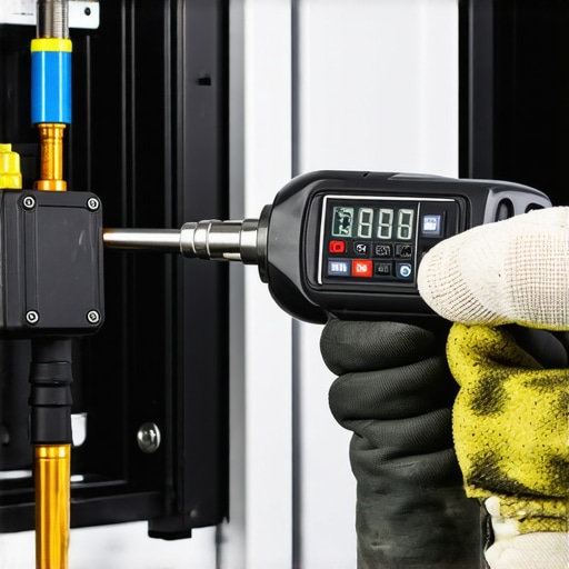 Close up of an electrician using a digital torque wrench on an EV charging station connection to ensure code compliance.