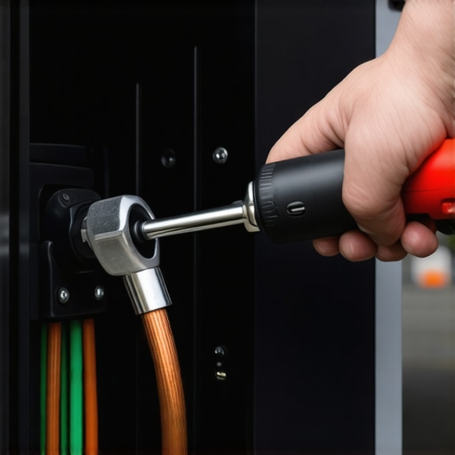A technician using an insulated torque wrench to tighten electrical connections inside an EV charger.
