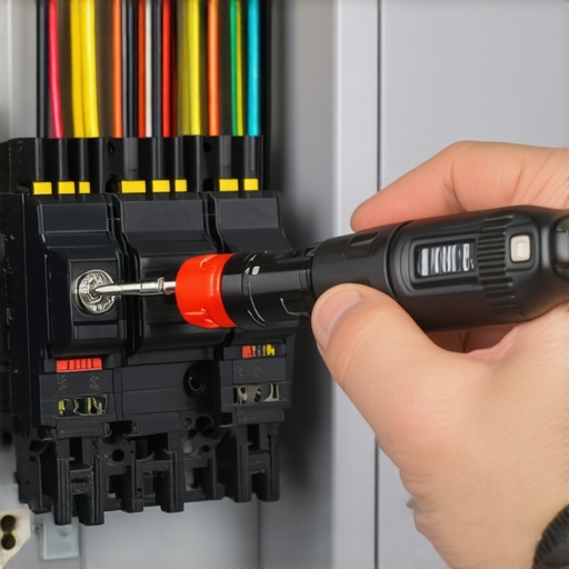 A close-up shot of an electrician using a torque tool to ensure a secure wire connection in an EV charging circuit.